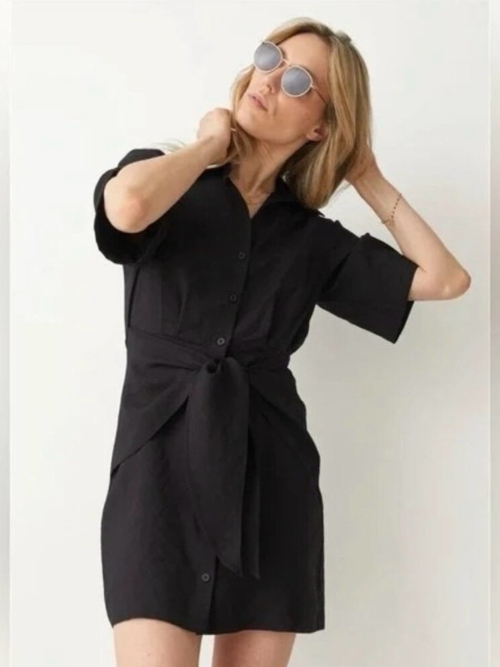 & Other Stories Relaxed Buttoned Mini Shirt Dress Waist Tie Black Size 8